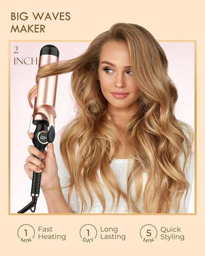 Curling Iron 2 Inch, Large Barrel Curling Wand for Hair, Ceramic Long Barrel Hair Curling Iron Dual Voltage