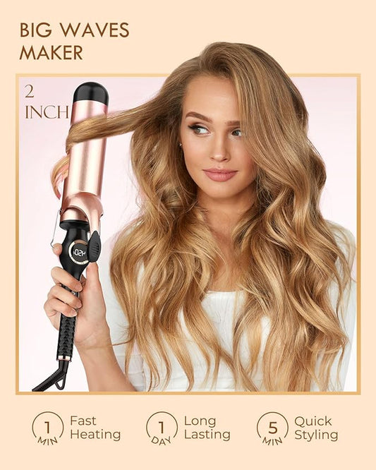 Curling Iron 2 Inch, Large Barrel Curling Wand for Hair, Ceramic Long Barrel Hair Curling Iron Dual Voltage