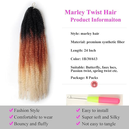 Marley Twist Braiding Hair 24 Inch 8 Packs – Long-Lasting Marley Hair, Fluffy&Tangle-Free Cuban Twist Hair for Braiding, Natural Look Synthetic Spring Afro Kinky Twist Hair Extensions (T1B/30/613)