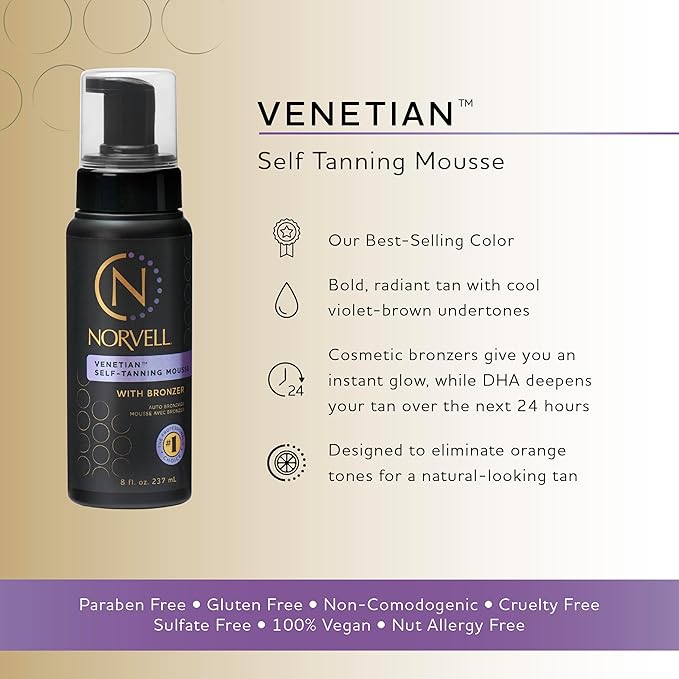 Norvell Venetian Sunless Self Tanner Mousse with Bronzer, 8 Fl Oz - Instant Self Tanning - Natural Looking - Anti-Orange - Fake Tan for Bronzing Glow