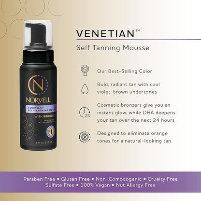 Norvell Venetian Sunless Self Tanner Mousse with Bronzer, 8 Fl Oz - Instant Self Tanning - Natural Looking - Anti-Orange - Fake Tan for Bronzing Glow