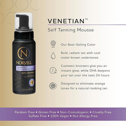 Norvell Venetian Sunless Self Tanner Mousse with Bronzer, 8 Fl Oz - Instant Self Tanning - Natural Looking - Anti-Orange - Fake Tan for Bronzing Glow