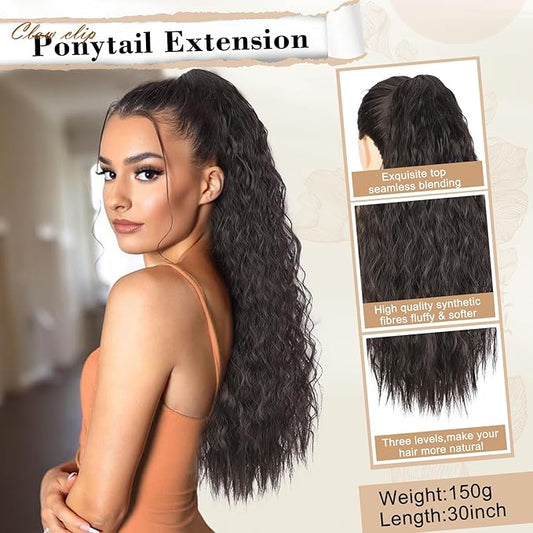 AISI BEAUTY Claw Ponytail Extensions, 30 Inch Long Curly Ponytail Clip in Hair Extension for Women, Fluffy Natural Looking Synthetic Ponytail Hairpiece for Daily Use(Black Brown)