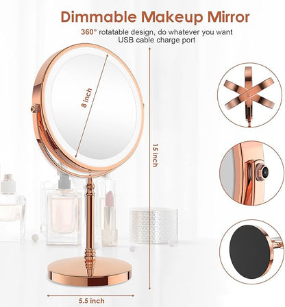 Lighted Makeup Mirror, 3000 mAh Rechargeable Double Sided Magnifying Vanity Mirror with 3 Colors, 1x/10x, 360° Rotation , Brightness Adjustable Magnification Cosmetic Light up Mirror, Women Gift