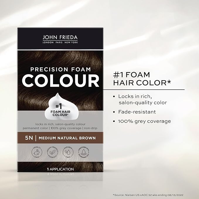 John Frieda Precision Foam Colour, Medium Natural Brown 5N, Full-coverage Hair Color Kit, Anti-Fade Gray Coverage, Deep Color Saturation Hair Dye, Pack of 2