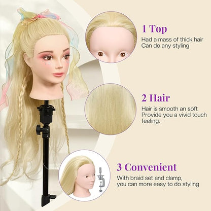 Neverland Beauty Mannequin Head with 50% Real Human Hair, 24 Inch Makeup Cosmetology Manikin Practice Head with Hair, Braiding Hairdressing Doll Head for Hair Styling with False Eyelashes