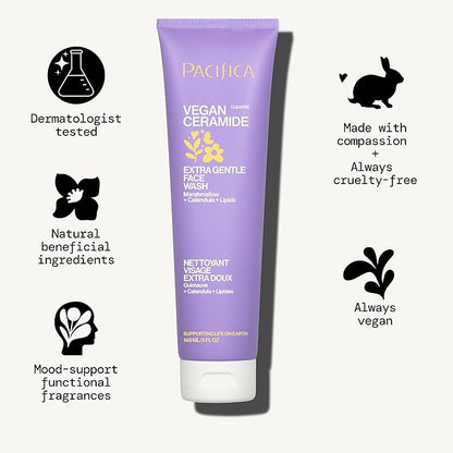 Pacifica Face Wash for Sensitive Skin Facial Cleanser Vegan Ceramide Barrier Repair Extra Gentle for Daily Fragrance Free for Sensitive Skin, Clean Beauty, Vegan & Cruelty-Free Dermatologist Tested
