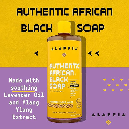 Alaffia Skin Care, Authentic African Black Soap, All in One Body Wash, Face Wash, Shampoo & Shaving Soap with Fair Trade Shea Butter Lavender Ylang Ylang 32 Fl Oz