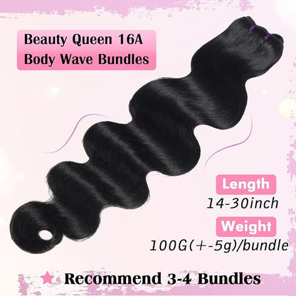 Beauty Queen Body Wave Bundles Human Hair (18 16 14 Inch) 16A Brazilian Virgin Human Hair Bundles 100% Unprocessed Weave 3 Bundles Full And Thick Remy Hair Extensions Natural Color