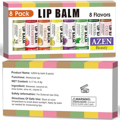 AZEN 8 Pack Lip Balm, Natural Lip Balm Bulk, Lip Care Product, Moisturizing Lip Balms for dry cracked lips - 8 Flavors