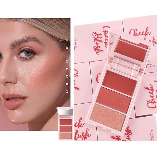 3D Blush Palette, Multi-Use Makeup Powder Blush Palette Cream Blush For Cheeks, Mulit Glow Balm, Lightweight, Smooth, Blendable, Long-Lasting Pigment, Natural Shimmery Or Matte Finish(01#)