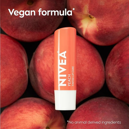 NIVEA Peach Lip Care, Tinted Lip Balm Pack with Shea Butter, Nourishing Oils and Vitamin C & E, 3-in-1 Moisture, Repair and Color, 0.17 Oz Stick, Pack of 4