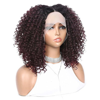 quickwig Curly Lace Front Wigs Short Kinky Curly Wig 13×4×1 HD Glueless Lace Curly Wig Ombre Wine Red Synthetic Lace Wigs for Women Deep Wave Hair (1B/99J)