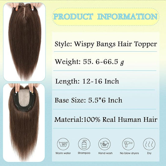 Hair Toppers for Women Real Human Hair, 360° 3D Toppers Pieces for Women with Thinning Crown Wispy Bangs 16 Inch Upgrade Big Basement (Mocha Brown, 16 Inch Wispy Bangs)