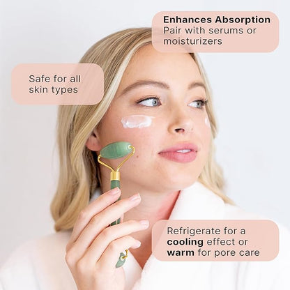 Beauty by Earth Jade Roller for Face - Smoothes Fine Lines & Wrinkles, Face Massager Skin Care Tools with Small Eye Roller for Puffy Eyes, De-Puffing & Firming Facial Tool, Self Care Gifts for Women