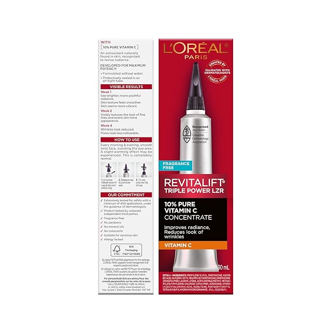 L'Oreal Paris Revitalift 10% Pure Vitamin C Face Serum, Brighter Skin, Reduced Wrinkles, Fragrance Free 1 0z.