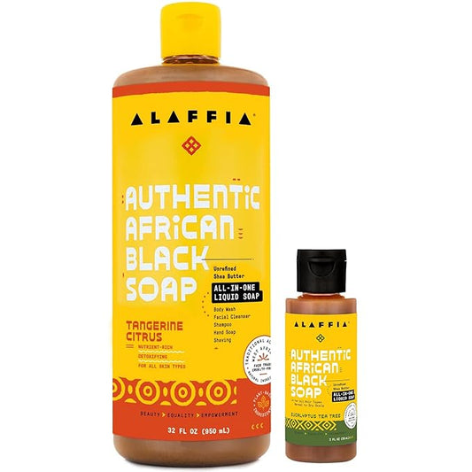 Alaffia Authentic African Black Soap, Tangerine Citrus (32 Oz) + Eucalyptus Tea Tree (2 Oz) – All-in-One Moisturizing Cleanser for Face, Hands, Body & Hair