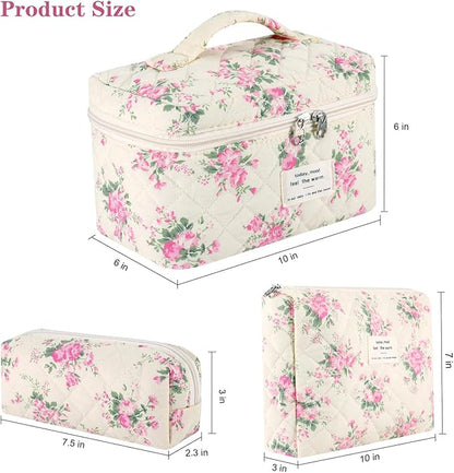 Makeup Bag, 3 Pcs Cotton Floral Quilted Makeup Bag Set, Large Toiletry Travel Cosmetic Bag for Women