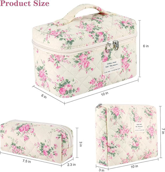 Makeup Bag, 3 Pcs Cotton Floral Quilted Makeup Bag Set, Large Toiletry Travel Cosmetic Bag for Women