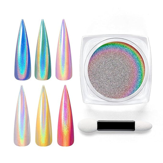 Beetles Chrome Nail Powder Metallic Mirror Effect Holographic Aurora Iridescent Nail Art Decoration for Gel Polish Glitter Premium Salon Nail Glitter Manicure Pigments for Nail Art Design, 0.04oz/1g