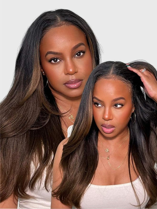Beauty Forever V Part Wig Human Hair Yaki Straight EasiContour Vpart Wigs No Leave Out Ombre Chestnut Brown Glueless Upgraded U Part Wigs for Women None Lace Front Wigs T128 Color 150% Density 24inch