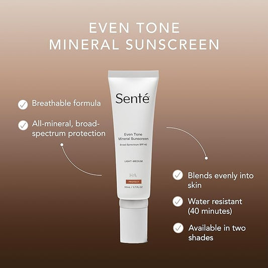 Senté Even Tone Mineral Sunscreen Tinted Broad-Spectrum Lotion- Light-Medium SPF 40 - UVA/UVB Protection - 40-Min Water-Resistant - 50 ml
