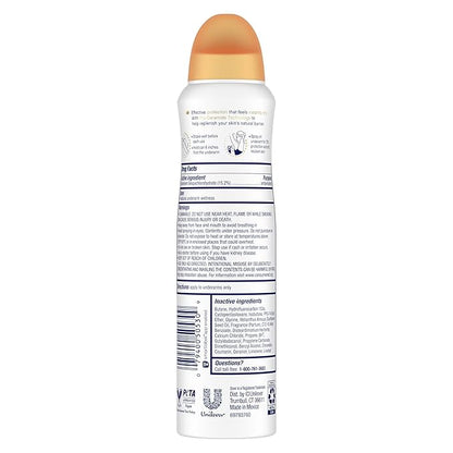 Dove Advanced Care Antiperspirant Deodorant Dry Spray Peach & Chamomile Tea 3ct underarm care boosts skin's ceramide levels 72hour odor control &all-day sweat protection ProCeramide technology 3.8 oz
