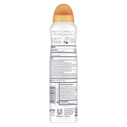 Dove Advanced Care Antiperspirant Deodorant Dry Spray Peach & Chamomile Tea 3ct underarm care boosts skin's ceramide levels 72hour odor control &all-day sweat protection ProCeramide technology 3.8 oz