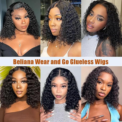 Glueless Bob Wigs Human Hair Pre Plucked Pre Cut Short Curly Human Hair Wigs for Black Women 5x5 HD Lace Closure Water Wave Wear and Go Glueless Wigs 180% Density 12 Inch