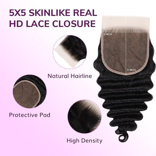 IDN BEAUTY SKINLIKE REAL HD 5x5 Lace Closure Human Hair Deep Wave 16 Inch Bleached Single Knots Ultra-thin HD Lace Closure Virgin Human Hair 0.1 mm Pre Plucked Hairline
