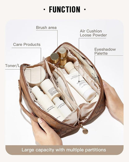 EACHY Travel Makeup Bag,Large Capacity Cosmetic Bags for Women,Waterproof Portable Pouch Open Flat Toiletry Bag Make up Organizer with Divider and Handle