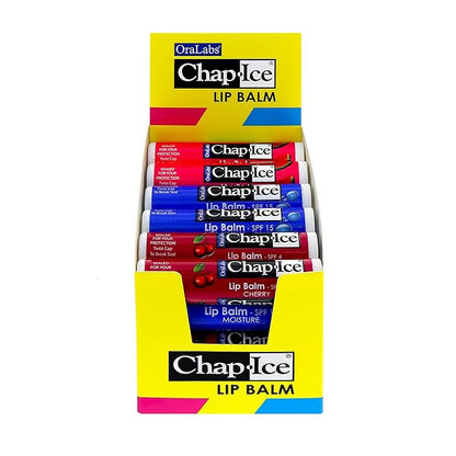 Chap-Ice® | Premium and Traditional Lip Balm for Chapped, Dry, or Windburned Lips | 3 Flavor Assorted (SPF-15) - Cherry, Moisture & Watermelon - 24 Sticks (0.15oz/4.25g)