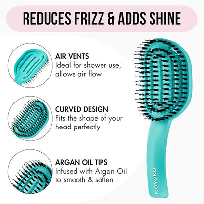 MOYOKO Detangler Brush for Curly Hair, Thick, Straight - Ergonomic Curved Detangling Hair Brush for Women, Girls, Prevents Breakage, Detangle Shower Hairbrush for Wet & Dry Hair (Turquoise)