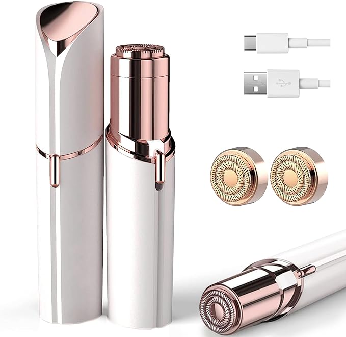 Facial Hair Removal for Women, Ladies Face Shaver for Upper Lip Chin and Peach Fuzz with USB Rechargeable Included 2 pc Replacement Heads