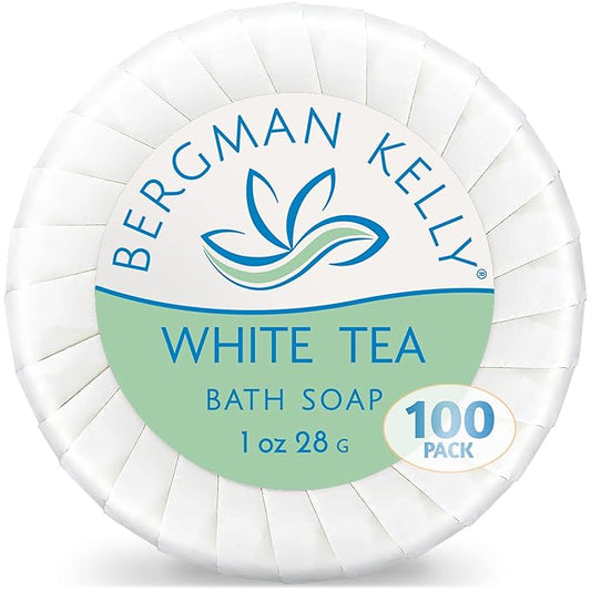 BERGMAN KELLY - Hotel Soap Bars - White Tea, 1 oz, 100 PK - Travel Size Luxury Bulk Amenities Bar Soap, Mini Individually Wrapped Round Soap - Small Toiletries for Airbnb, Motel, Guest Bathroom