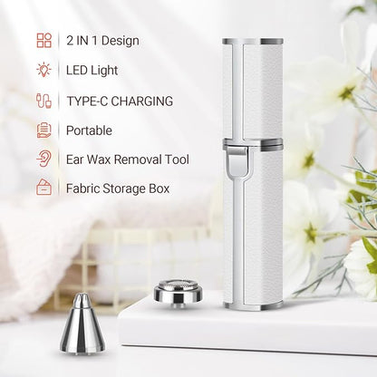 Nose Hair Trimmer for Women Men, Electric 2 in 1 Face Shaver and Eyebrow Trimmer, White Rechargeable Facial Hair Remover with Built-in LED Light
