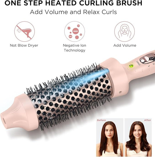 Aima Beauty Hair Curling Iron Brush, 1.5"40mm Ceramic Hot Brush with Ion Technology for Root Volume and Quick Curls - Dual Voltage & 60Mins Auto-Off, Pink