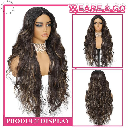 30 Inch Highlight Brown Synthetic Lace Front Wig for Women 4x1 Pre Plucked Long Body Wave Wig Synthetic Hair Natural Hairline Glueless Wigs for Beginners Middle Part for Daily Party Use