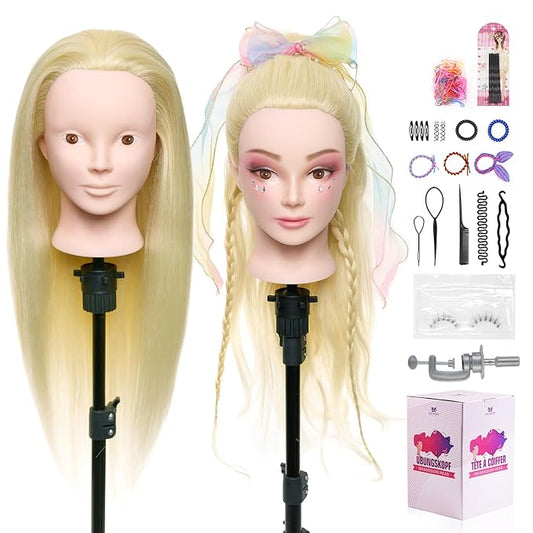 Neverland Beauty Mannequin Head with 50% Real Human Hair, 24 Inch Makeup Cosmetology Manikin Practice Head with Hair, Braiding Hairdressing Doll Head for Hair Styling with False Eyelashes