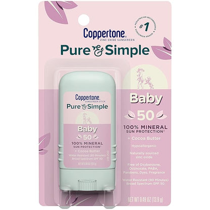 Coppertone WaterBabies Baby Sunscreen Spray SPF 50 (6 Oz) + Pure and Simple Baby Sunscreen Stick SPF 50, Tear Free (0.49 Oz), Hypoallergenic
