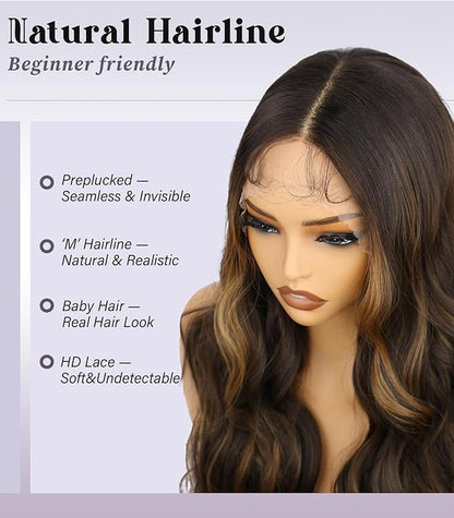 13x4 Lace Front Wig Dark Brown Highlight Ombre Blonde Pre Plucked Hairline with Baby Hairs Glueless Long Wavy Synthetic Wig Heat Resistant for Daily Wear and Parties 26 inch