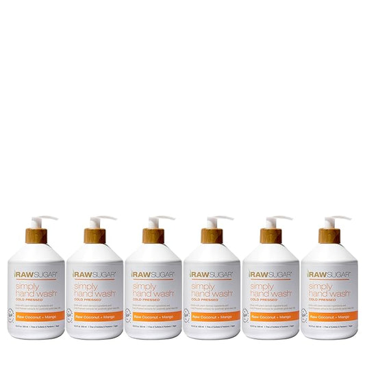 RAW SUGAR 6-Pack Liquid Hand Soap, Raw Coconut + Mango Simply Hand Wash, Moisturizing & Vibrant Aroma, Formulated without Parabens, Cruelty Free & Vegan - 16.9 Fl. Oz