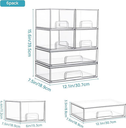 Vtopmart Stackable Storage Drawers Set of 6, Clear Plastic Organizer Bins for Bathroom Supplies,Ideal for Cabinet,Pantry,Laundry Room Organization