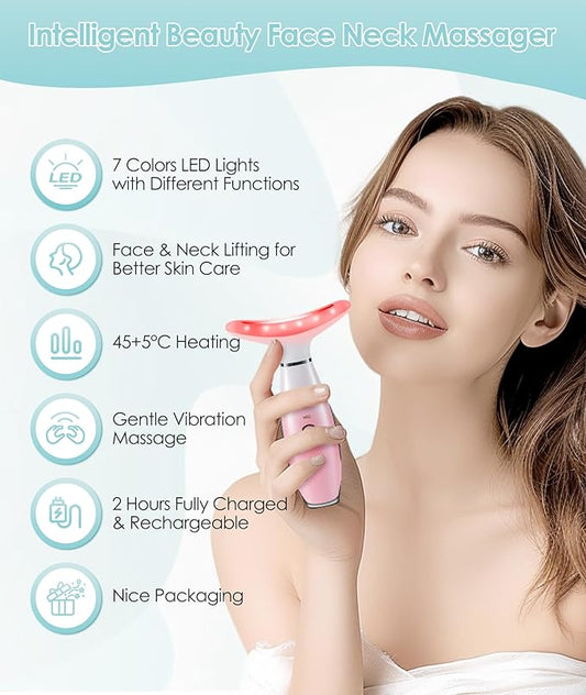 7 Color Neck Face Massager - Facial Massager Tool for Skin Care at Home, Vibrating Face Massager with Thermals, Pink