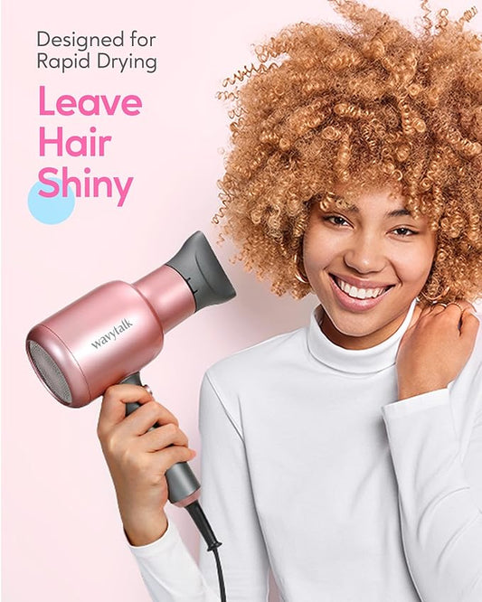 Wavytalk Hair Dryer with Diffuser, Blown Away Ionic Hair Dryer with 4 Attachments for All Hair Types, 1875W Blow Dryer with Ceramic Technology, Gift Packaging, Light and Quiet, Rose Gold