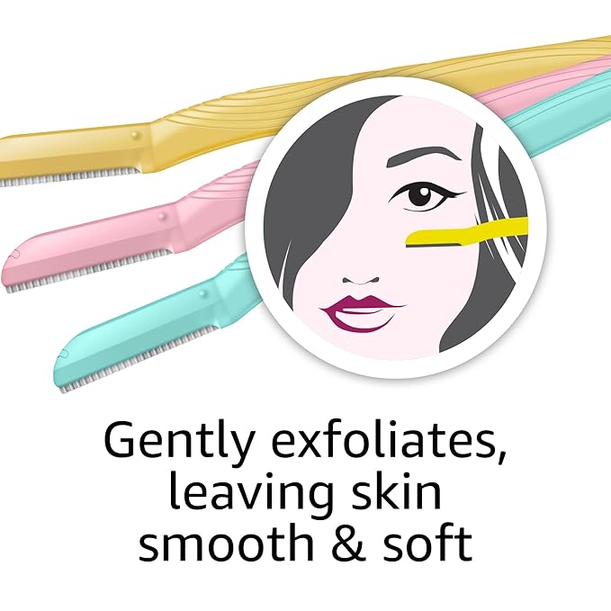 Amazon Basics Women's Multipurpose Exfoliating Dermaplaning Tool, Eyebrow & Facial Razor, Includes Blade Cover, Multicolor, 9 Count