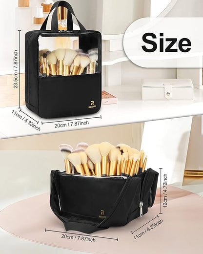 MONSTINA Extra Large Makeup Brush Organizer Bag,High Capacity Portable Stand-Up Makeup Brush Holder,Professional Artist Makeup Case Transparent Clear