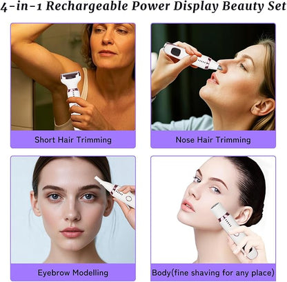 Electric Razor for Women Men,4 in 1 Painless Ladies Wet & Dry Body Razors and Facial Hair Remover,Rechargeable Led Display Hair Removal Kit for Nose Face Body Leg Bikini Arm Hair (White)
