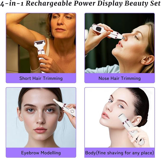 Electric Razor for Women Men,4 in 1 Painless Ladies Wet & Dry Body Razors and Facial Hair Remover,Rechargeable Led Display Hair Removal Kit for Nose Face Body Leg Bikini Arm Hair (White)