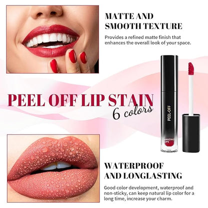 DAGEDA 6 Colors Peel Off Lip Stain Set, Long Lasting and Waterproof Lip Stain Peel off Lip Liner Makeup, Tattoo Lip Color, Natural Matte Finish Lip Tint Stain